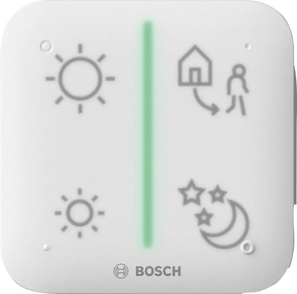 Weißer Smart Home Schalter von Bosch mit vier Symbolen für verschiedene Funktionen und einer grünen LED-Anzeige in der Mitte.